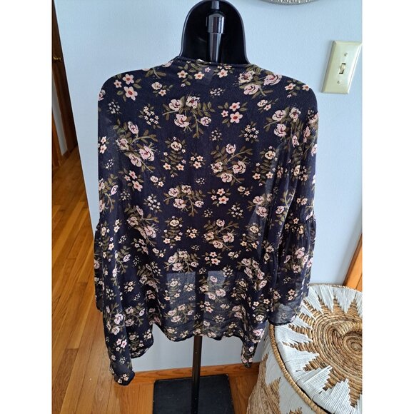 Natural Life Floral Kimono Cardigan Bell Sleeves Black Pink Rayon Womens OS - Picture 6 of 6